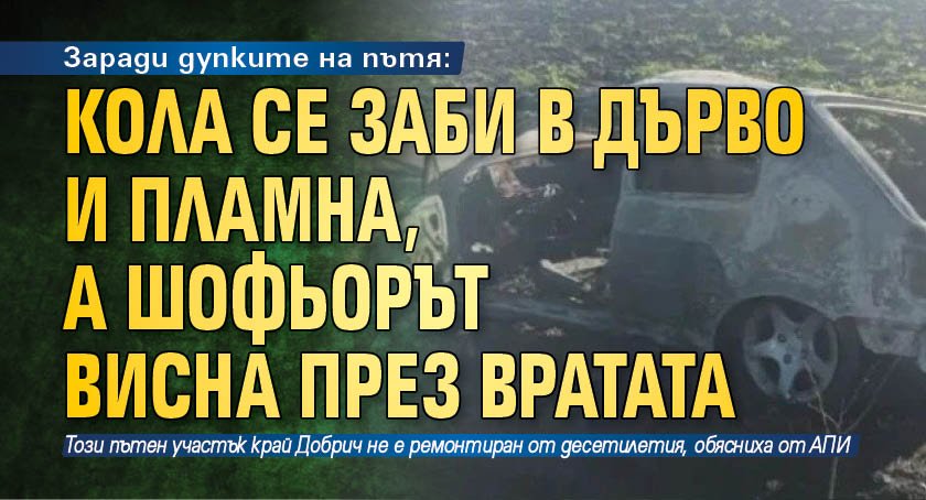 Заради дупките на пътя: Кола се заби в дърво и пламна, а шофьорът висна през вратата 