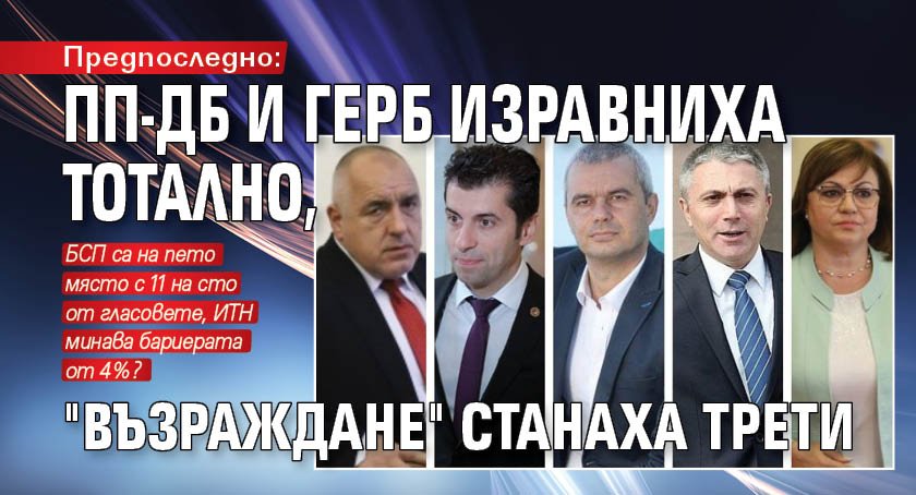 Предпоследно: ПП-ДБ и ГЕРБ изравниха тотално, "Възраждане" станаха трети