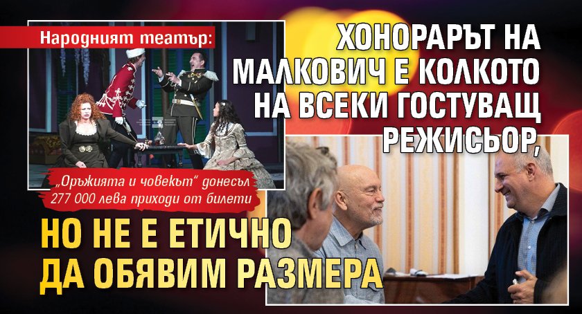 Народният театър: Хонорарът на Малкович е колкото на всеки гостуващ режисьор, но не е етично да обявим размера