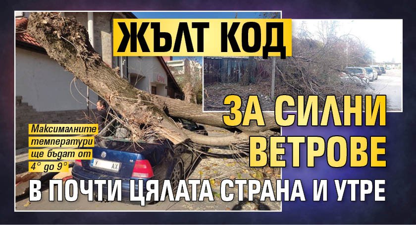 Жълт код за силни ветрове в почти цялата страна и утре