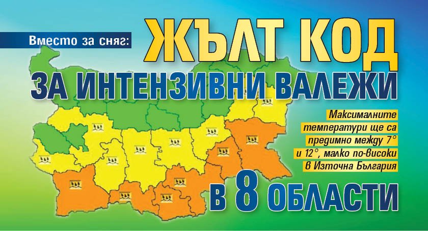 Вместо за сняг: Жълт код за интензивни валежи в 8 области 