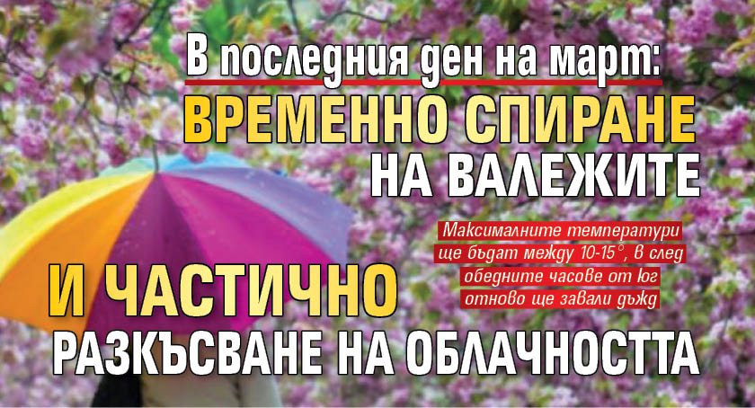 В последния ден на март: Временно спиране на валежите и частично разкъсване на облачността