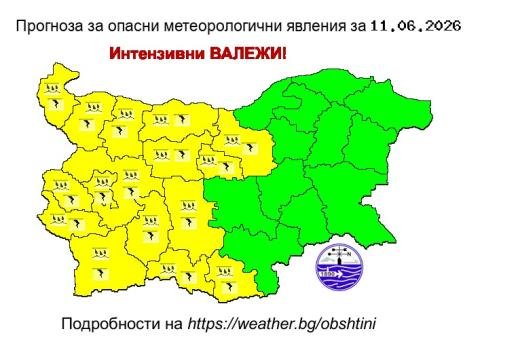 Жълт код за интензивни валежи в 16 области