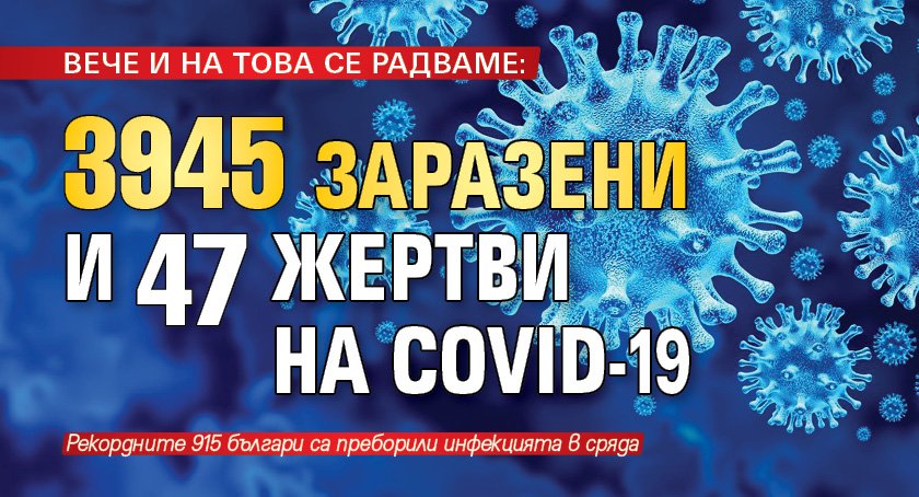 ВЕЧЕ И НА ТОВА СЕ РАДВАМЕ: 3945 заразени и 47 жертви на COVID-19