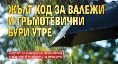 Жълт код за валежи и гръмотевични бури утре