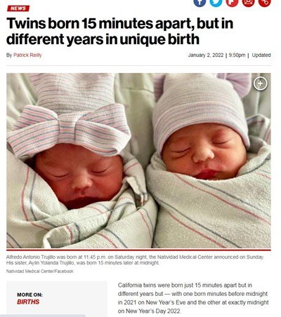Близнаци в Калифорния се родиха в две различни години