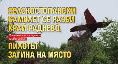 Селскостопански самолет се разби край Раднево, пилотът загина на място