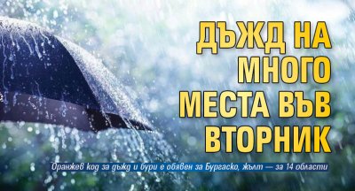 Дъжд на много места във вторник