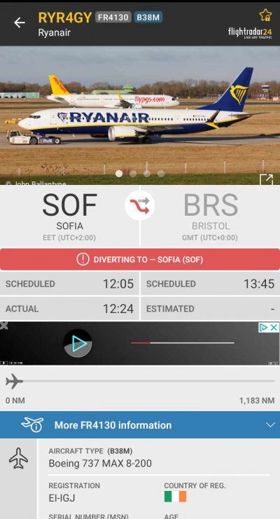 Самолет Боинг 737 от София за Бристол на авиокомпанията Райънеър