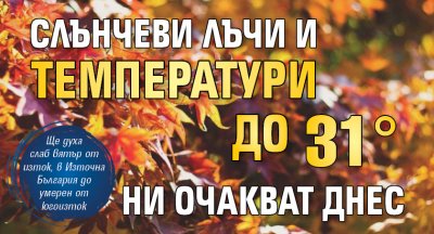 Слънчеви лъчи и температури до 31° ни очакват днес