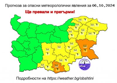 Оранжев и жълт код за интензивни валежи и гръмотевици е