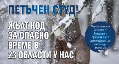 Петъчен студ! Жълт код за опасно време в 23 области у нас