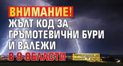 Внимание! Жълт код за гръмотевични бури и валежи в 9 области