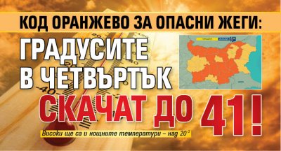 КОД ОРАНЖЕВО за опасни жеги: Градусите в четвъртък скачат до 41!