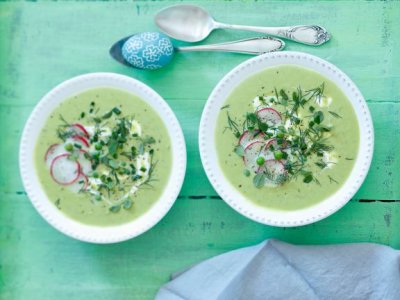 Грахова супа с репички (+ див лук, копър, уасаби и лайм)