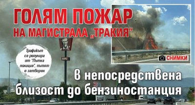 Голям пожар на магистрала „Тракия“ в непосредствена близост до бензиностанция (СНИМКИ)