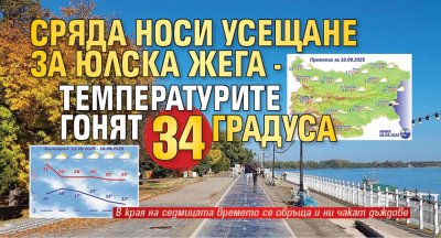 Сряда носи усещане за юлска жега - температурите гонят 34 градуса