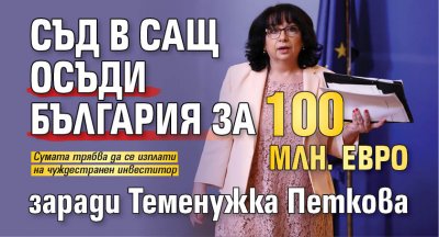 Съд в САЩ осъди България за 100 млн. евро заради Теменужка Петкова