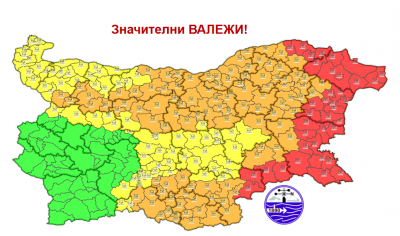 Опасно време: Картата на България светна в червено, оранжево, жълто и зелено