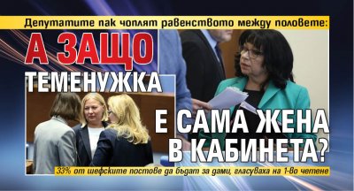 Депутатите пак чоплят равенството между половете: А защо Теменужка е сама жена в кабинета? 