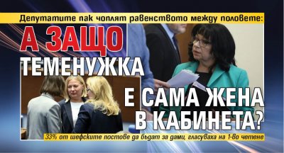Депутатите пак чоплят равенството между половете: А защо Теменужка е сама жена в кабинета? 