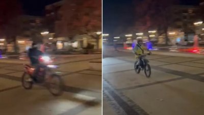 Хлапаци с кросови мотори летят през пешеходния площад в Перник 