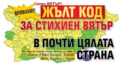 Внимание! Жълт код за стихиен вятър в почти цялата страна