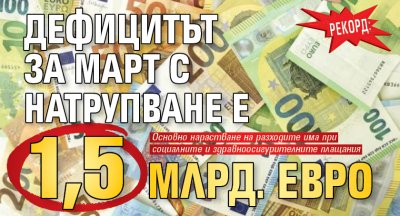 Рекорд: Дефицитът за март с натрупване е 1,5 млрд. евро