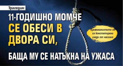 Трагедия: 11-годишно момче се обеси в двора си, баща му се натъкна на ужаса