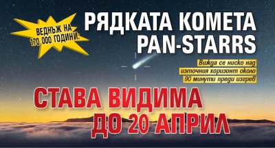 Веднъж на 170 000 години: Рядката комета Pan-STARRS става видима до 20 април