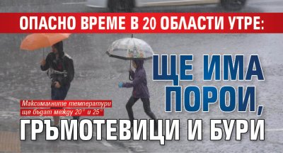 Опасно време в 20 области утре: Ще има порои, гръмотевици и бури