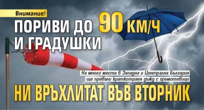 Внимание! Пориви до 90 км/ч и градушки ни връхлитат във вторник