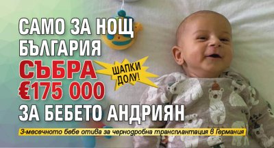 Шапки долу! Само за нощ България събра €175 000 за бебето Андриян